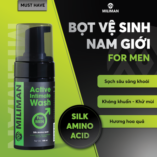 Bọt Vệ Sinh Nam Giới MILIMAN Active Intimate Wash For Men Làm Sạch Nhẹ Nhàng, Khử Mùi Hôi 100ml