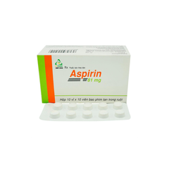 Aspirin 81mg - Dự phòng thứ phát nhồi máu cơ tim và đột quỵ; điều trị các cơn đau nhẹ và vừa, hạ sốt; điều trị hội chứng Kawasaki (Hộp 10 vỉ x 10 viên)