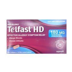Telfast HD 180mg - Điều trị viêm mũi dị ứng, mày đay vô căn mạn tính (Hộp 3 vỉ x 10 viên)