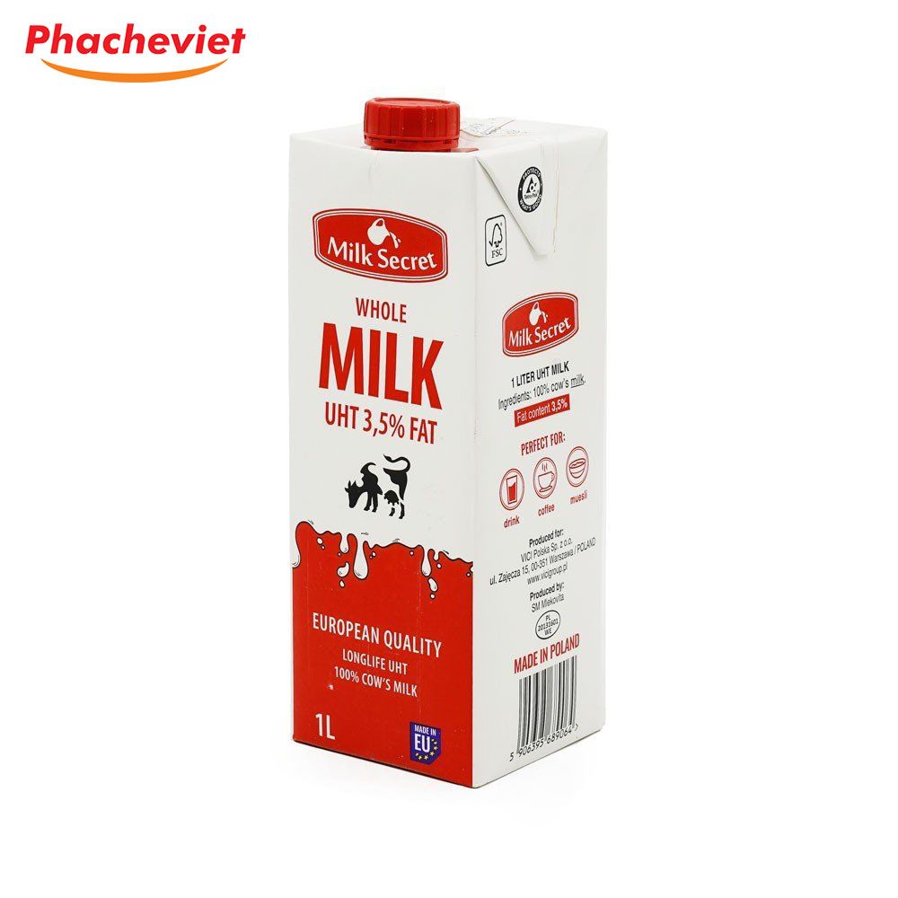 Sữa tươi Ba Lan Milk Secret không đường 1 Lít nguyên chất tiệt trùng