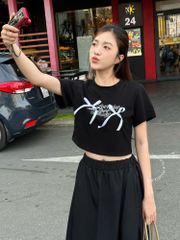 Áo Thun Croptop Cổ Tròn Đính Nơ - KD01