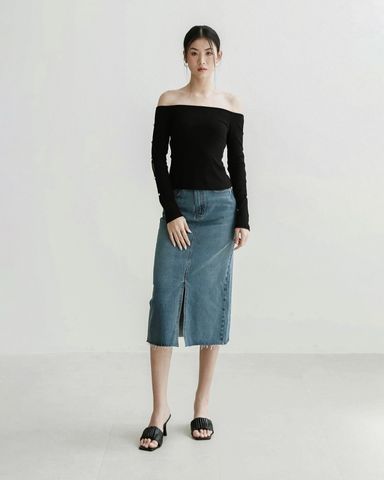 Váy jeans midi xẻ trước cắt lai - JAU15