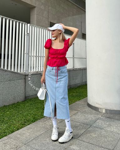 Váy jeans midi xẻ trước cắt lai - JAU15