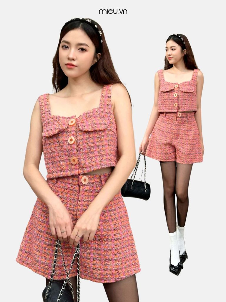 Set Tweed Áo Croptop Cổ Vuông Phối Quần - KN18