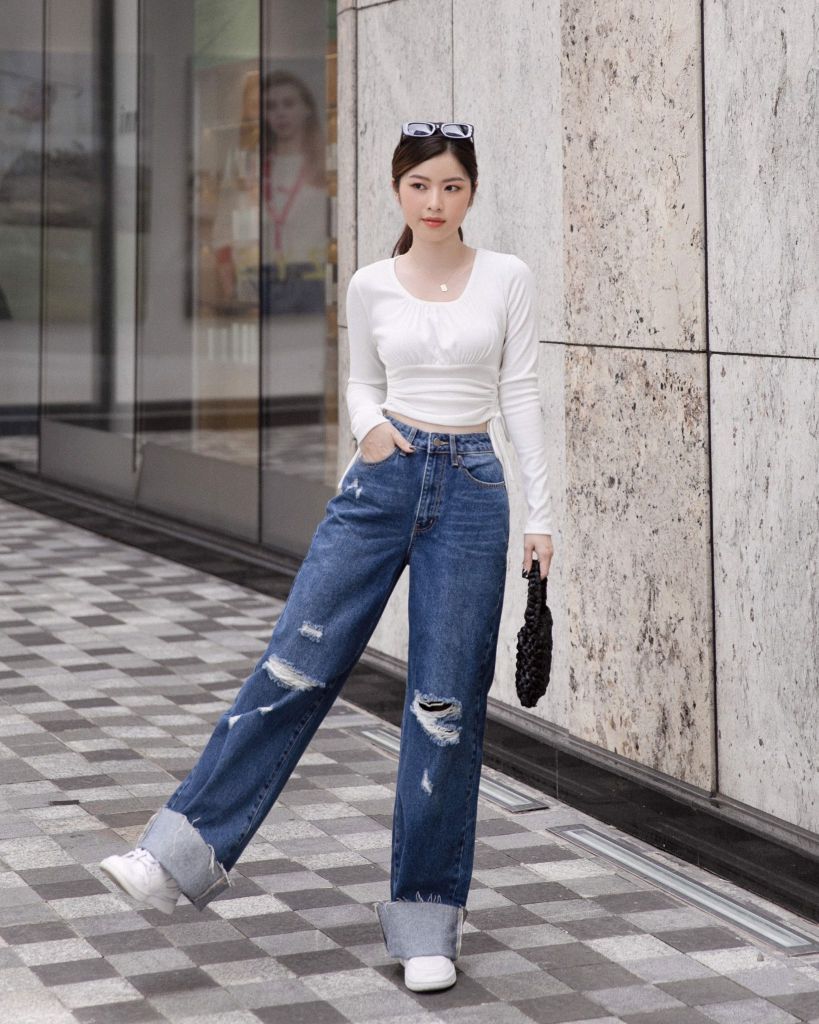 Quần jeans suông mài rách - HJN03