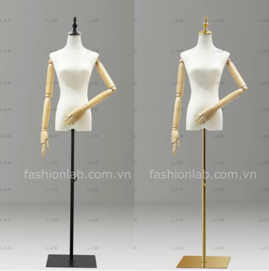 Mannequin M04 bán thân có tay đế inox vuông vàng #010203
