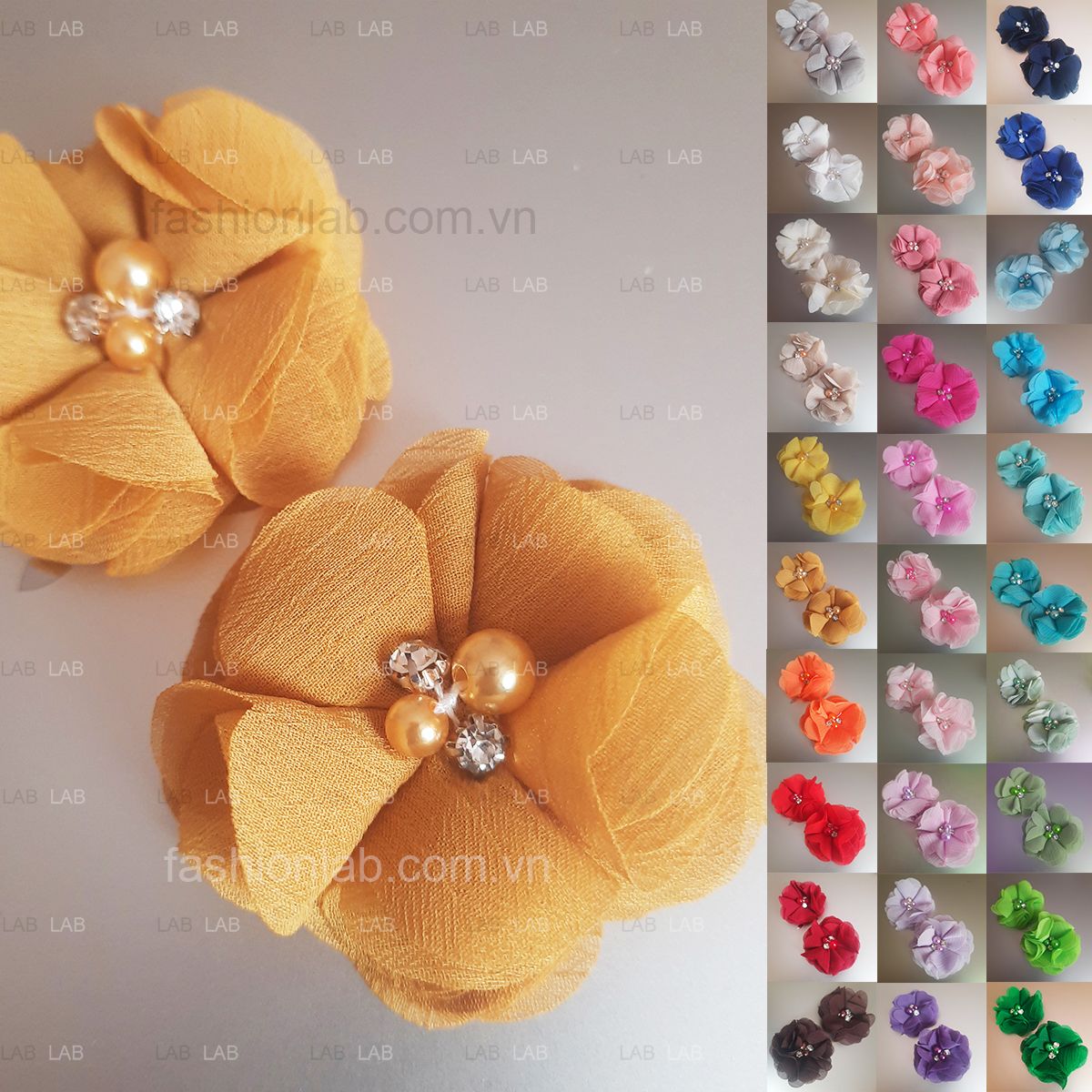 Hoa vải voan xước đính hạt đá đk 5cm