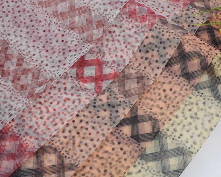 Vải lưới in layering họa tiết kẻ - chấm bi M05 #030402
