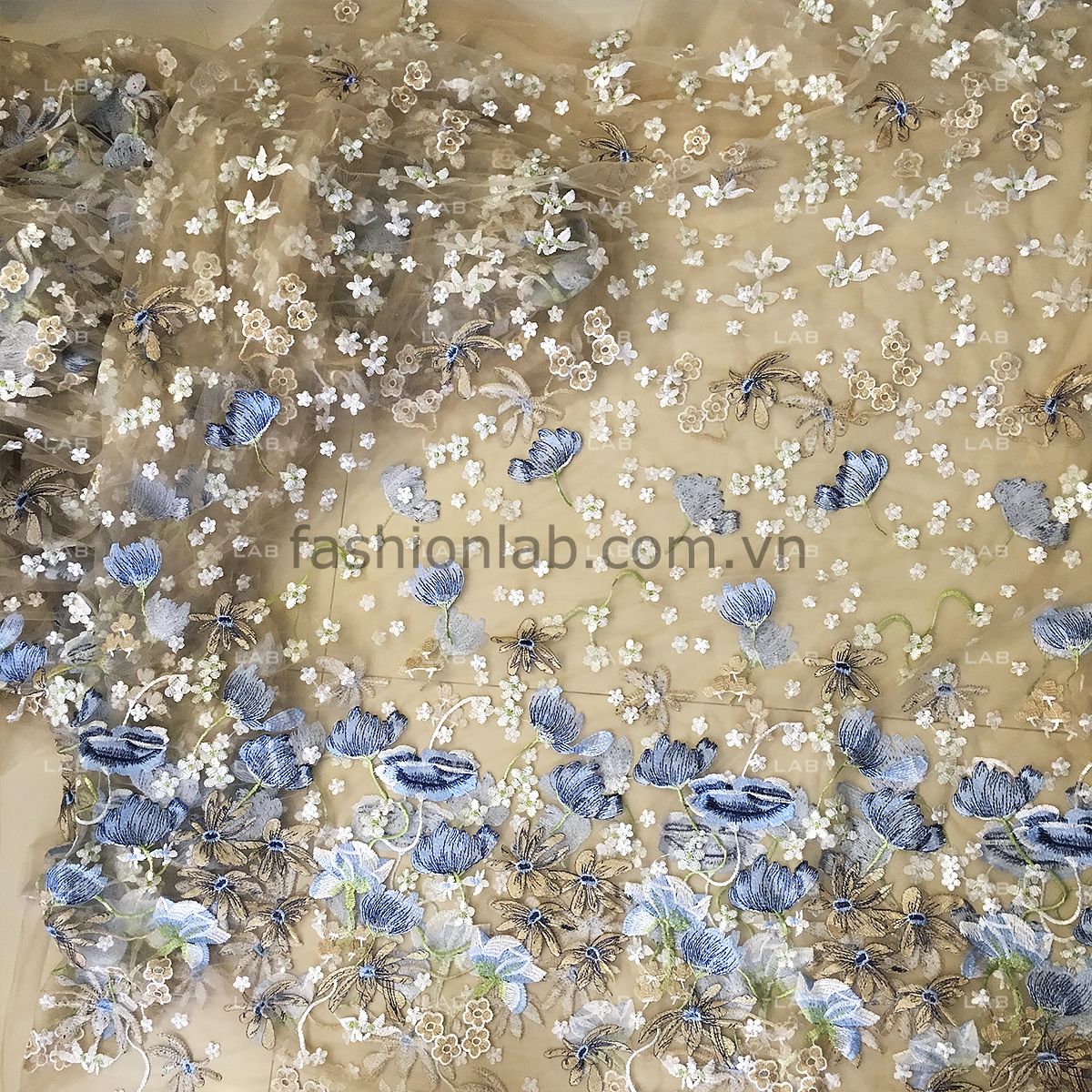 Vải lưới thêu hoa nền kem 003 #030601