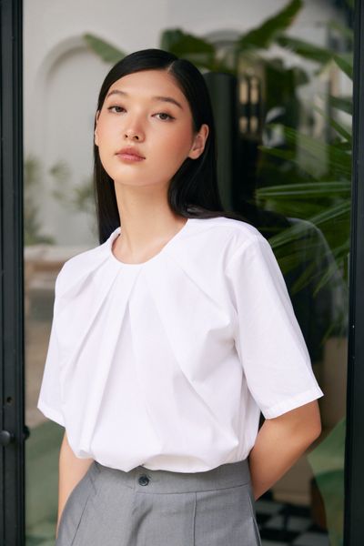  White Pleated Neckline Top 