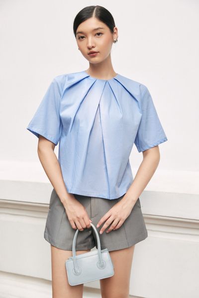  Blue Pleated Neckline Top 