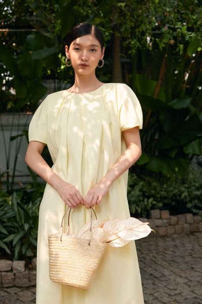  Yellow Pleated Neckline Dress 