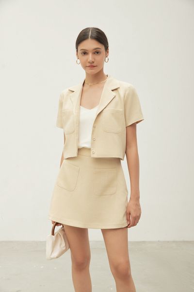  Beige Linen Cropped Blazer 