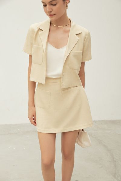  Beige Linen Cropped Blazer 