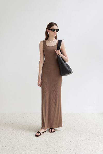  Brown Ribbed Sleeveless Dress 