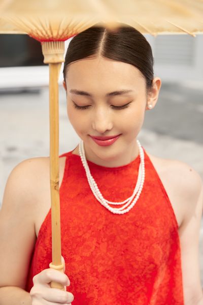  Red Halter Neck Silk Top 