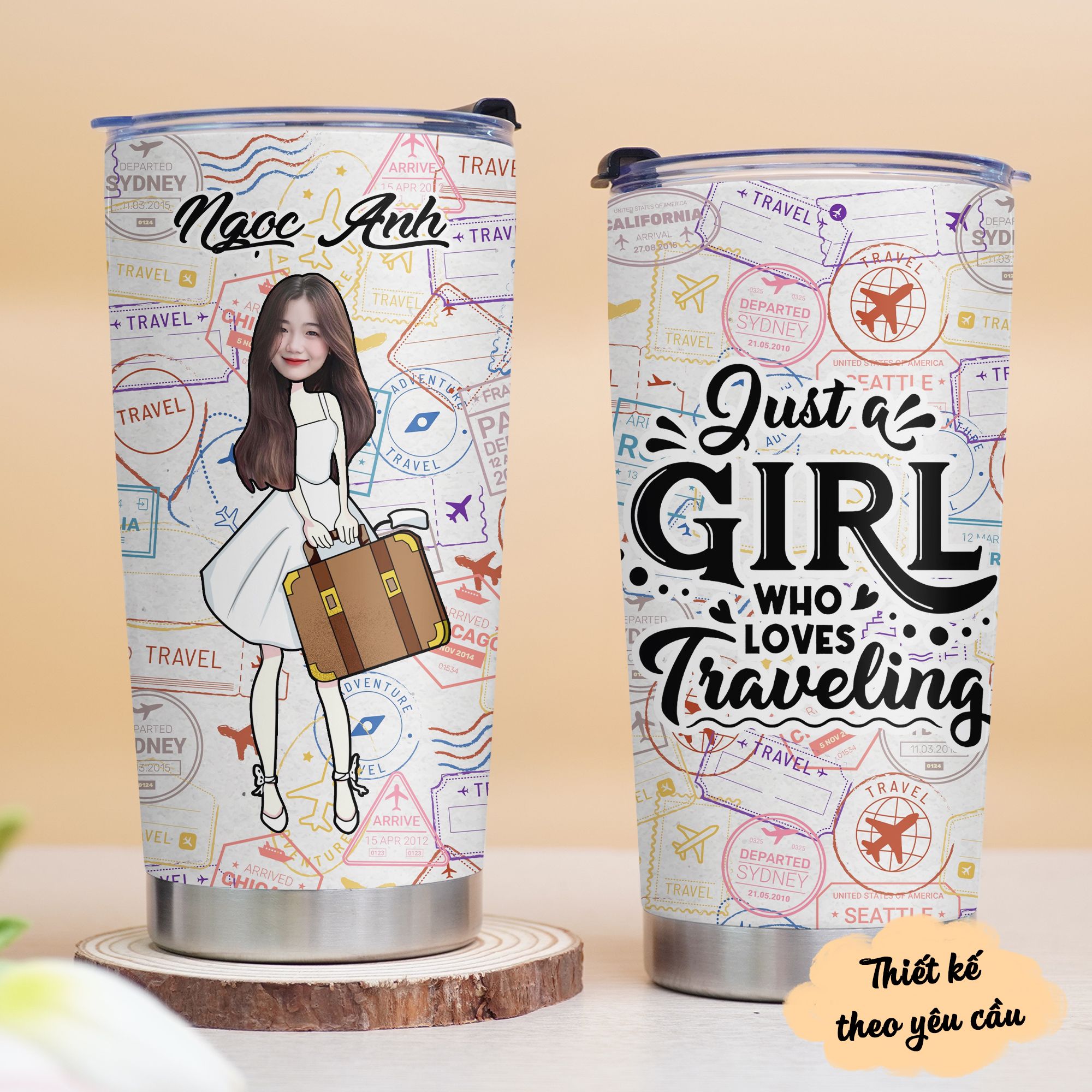 Travel Lover Go Drink In Tên Ghép Ảnh Cốc giữ nhiệt 600ml In Tên, Hình Ảnh Theo Yêu Cầu