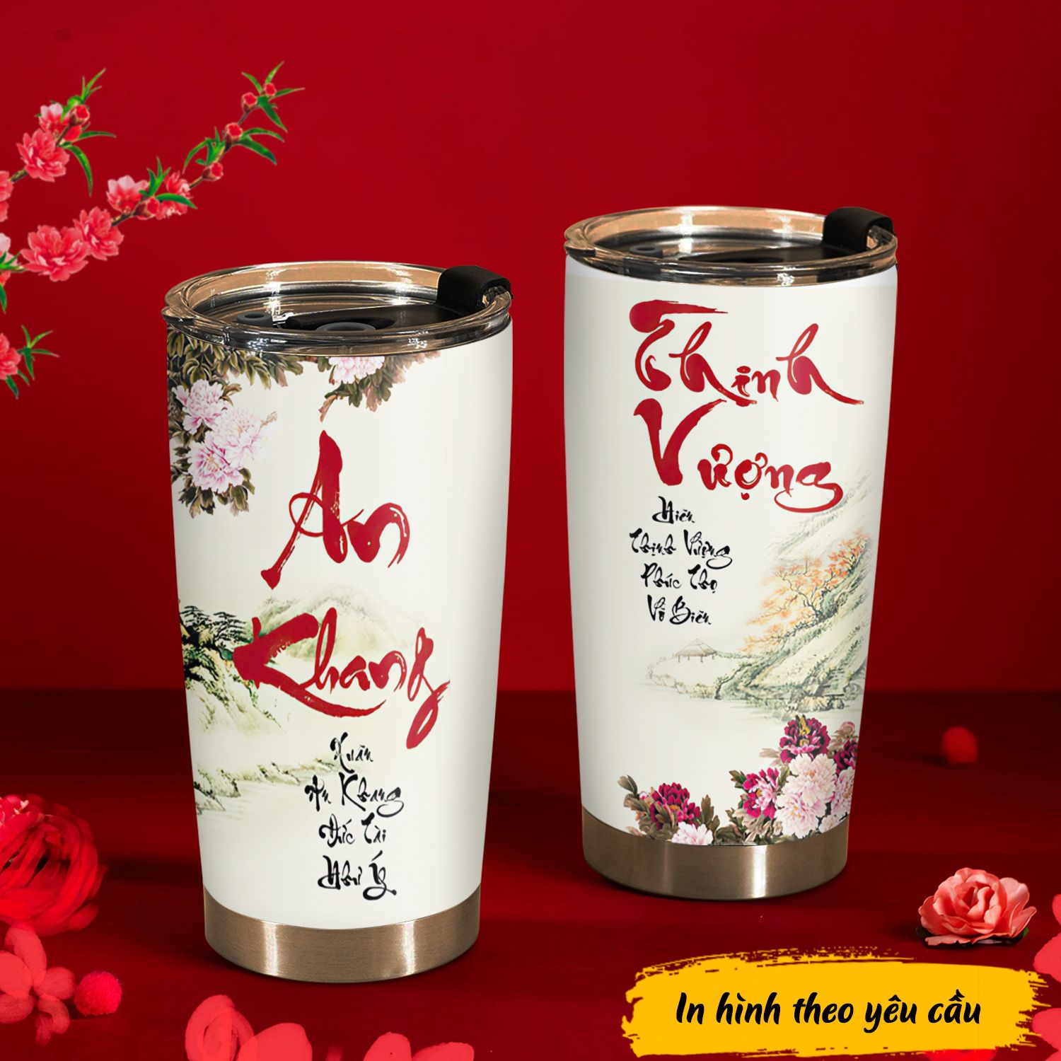 Chữ Thư Pháp - Chữ An Khang Thịnh Vượng Go Drink Phong thủy - Tài lộc Cốc Giữ Nhiệt 600ml In tên, hình ảnh theo yêu cầu