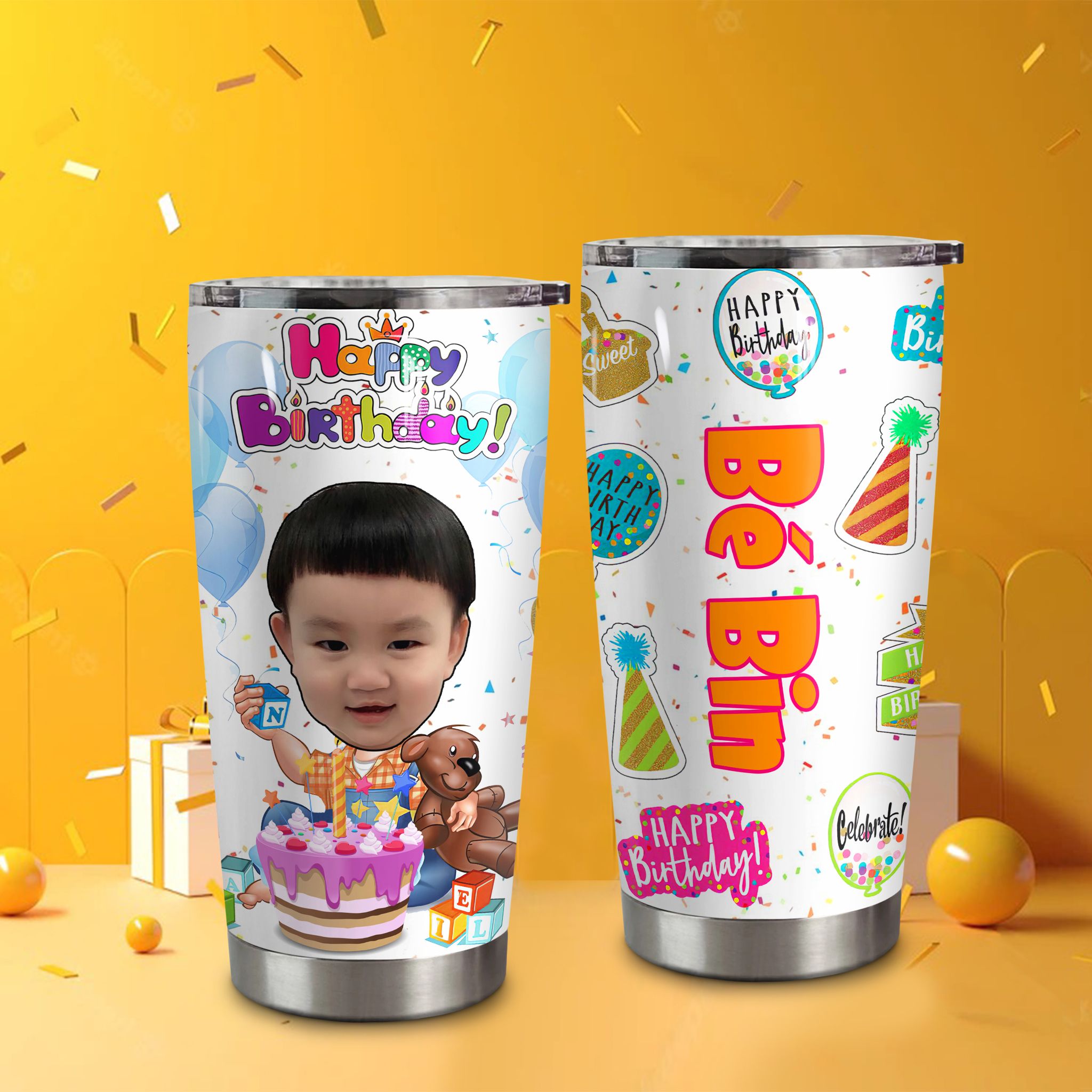 Happy Birthday Bé yêu V1 Go Drink In tên/ Ghép ảnh Cốc giữ nhiệt 600ml In tên, hình ảnh theo yêu cầu