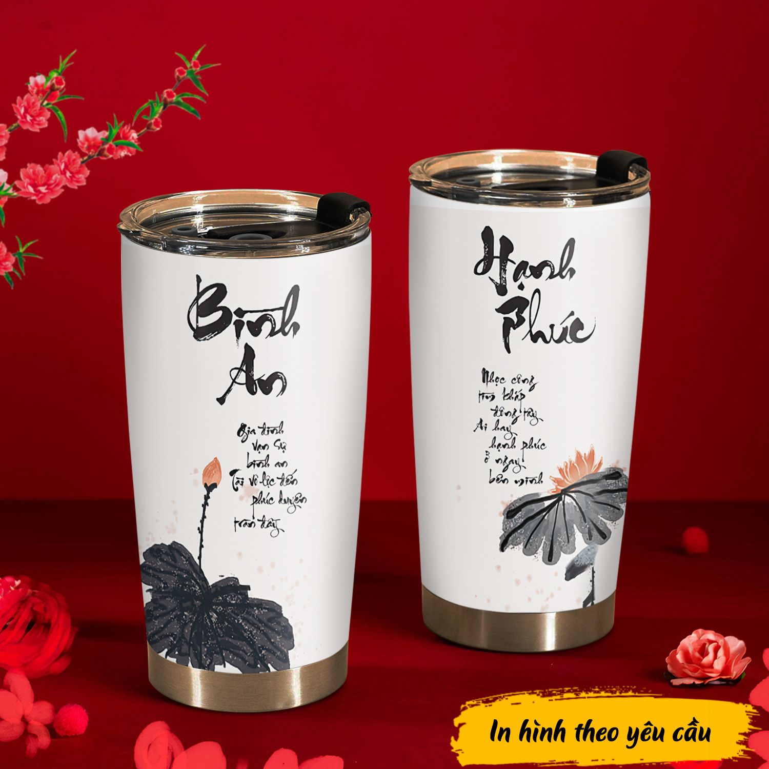 Chữ Thư Pháp - Chữ Bình An Hạnh Phúc Go Drink Phong thủy - Tài lộc Cốc Giữ Nhiệt 600ml In tên, hình ảnh theo yêu cầu