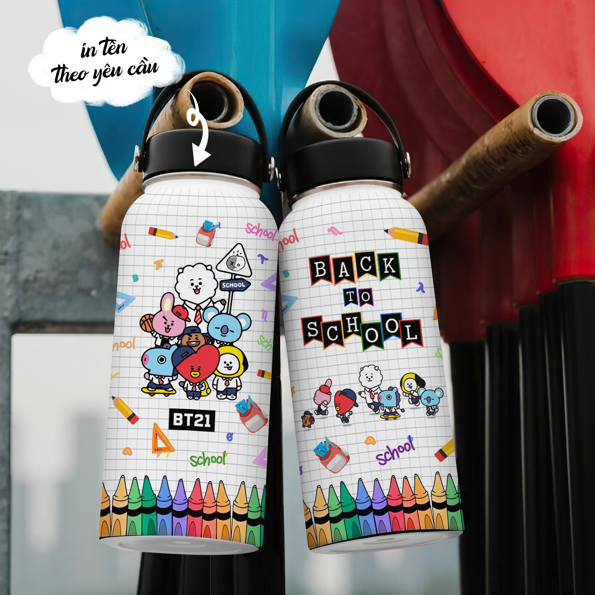 Back To School BT21 Go Drink In tên/ Ghép ảnh Bình giữ nhiệt 950ml In tên, hình ảnh theo yêu cầu