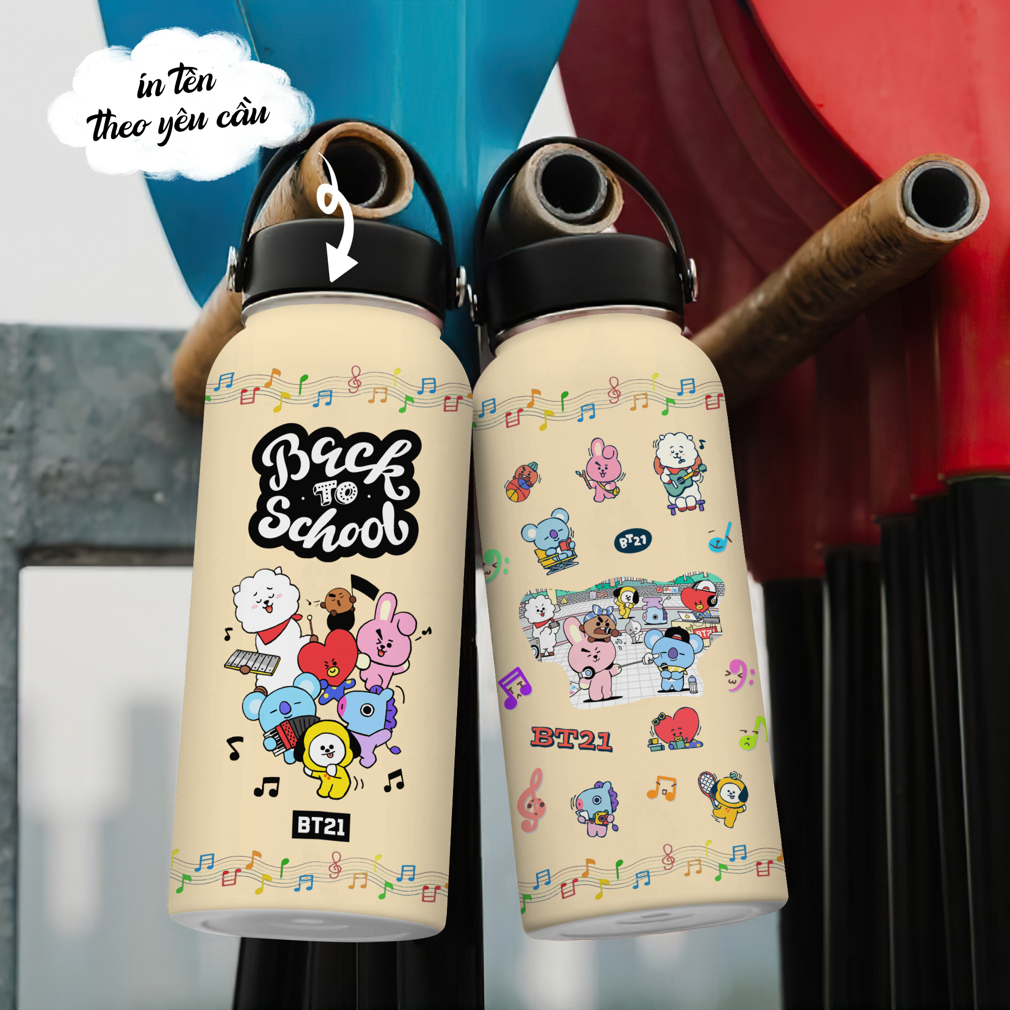 Back To School BT21 Go Drink In tên/ Ghép ảnh Bình giữ nhiệt 950ml In tên, hình ảnh theo yêu cầu
