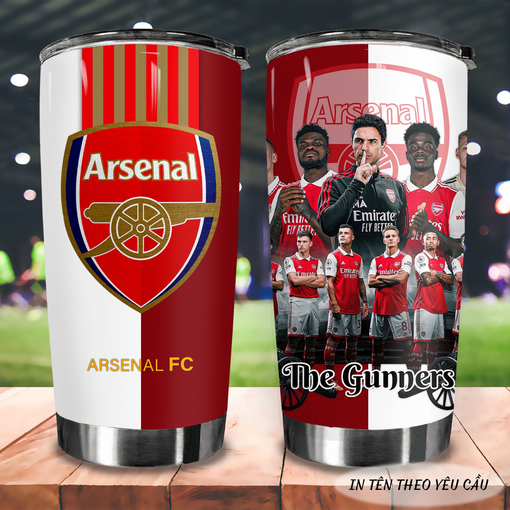 CLB Arsenal kết hợp logo Go Drink Fans Bóng Đá Cốc giữ nhiệt 600ml In tên, hình ảnh theo yêu cầu