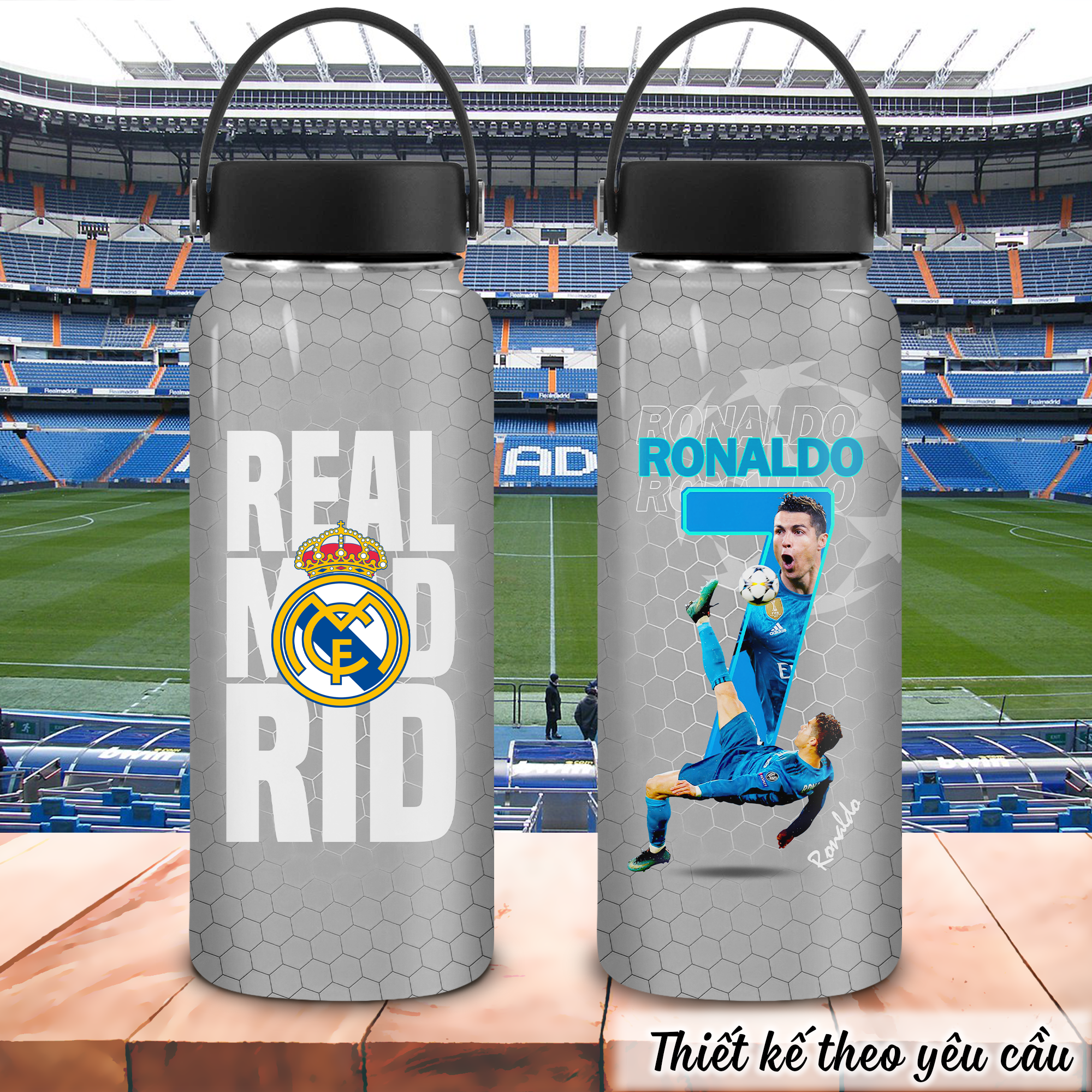 CLB Real Madrid kết hợp cầu thủ Ronaldo Họa Tiết Lưới Go Drink Fans Bóng Đá Bình giữ nhiệt 950ml In tên, hình ảnh theo yêu cầu