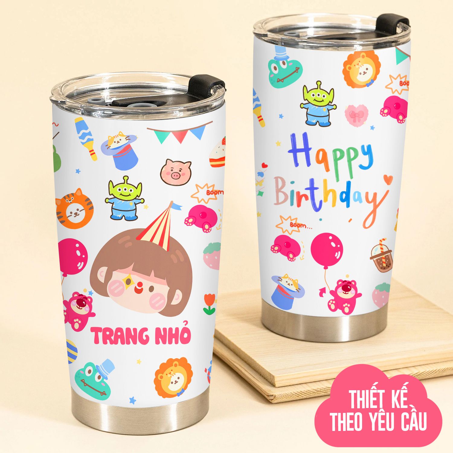 Gấu Lotso Sinh Nhật ver 4 Go Drink Cốc Giữ Nhiệt 600ml In tên, hình ảnh theo yêu cầu