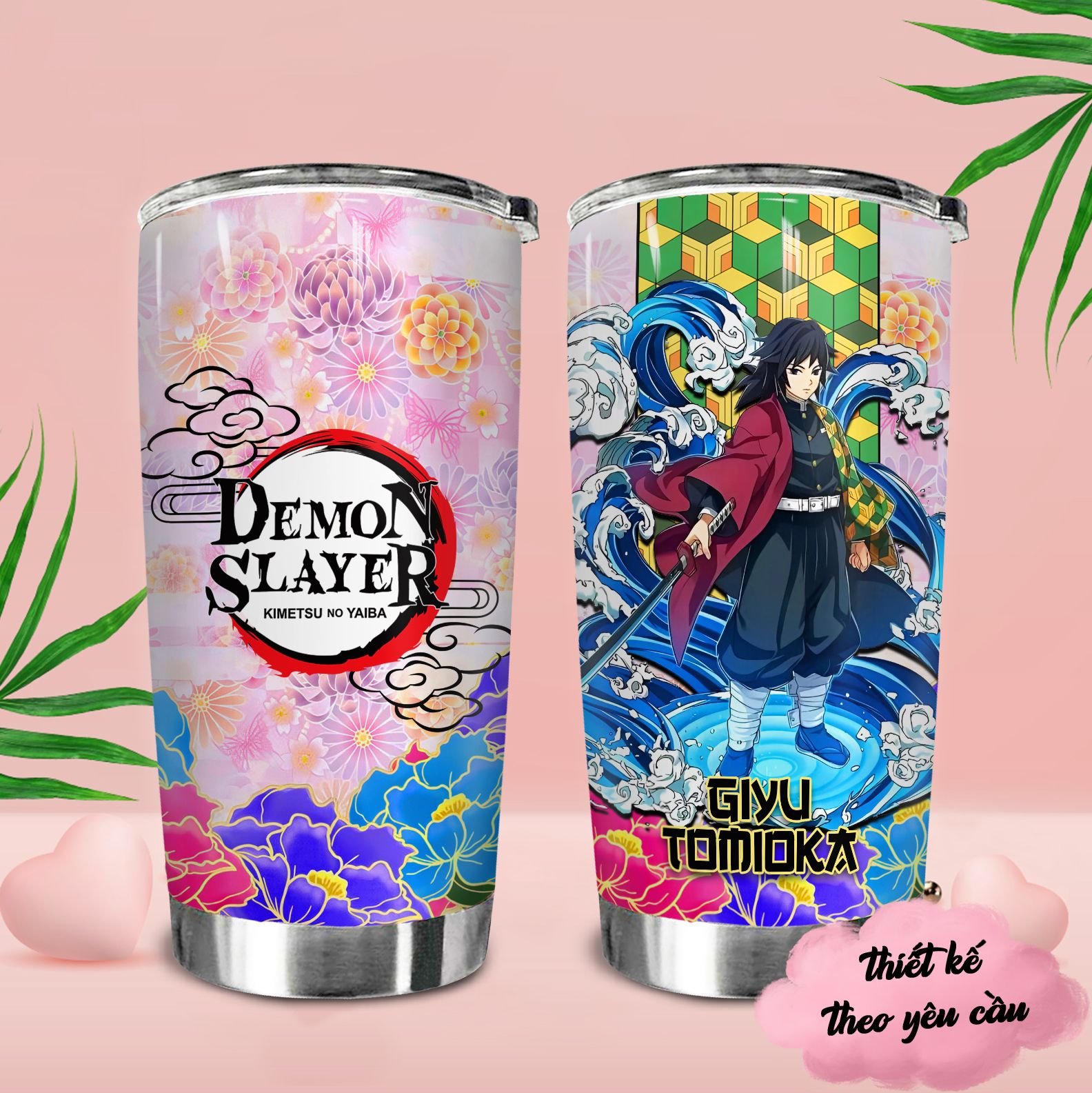 Demon Slayer Flower Pattern Go Drink Anime Cốc giữ nhiệt 600ml In Tên, Hình Ảnh Theo Yêu Cầu