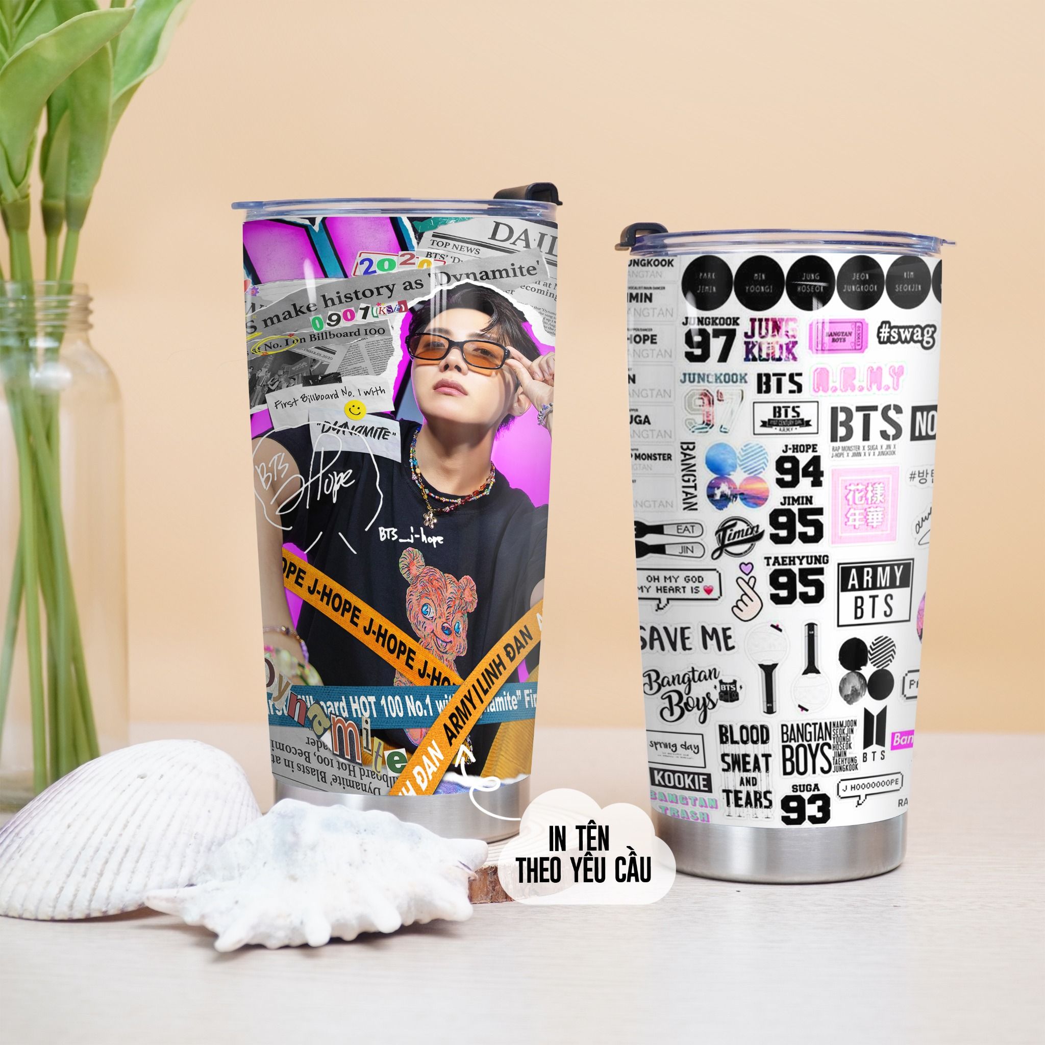 BTS giấy báo Go Drink Người nổi tiếng/Idol Cốc Giữ Nhiệt 600ml In tên, hình ảnh theo yêu cầu