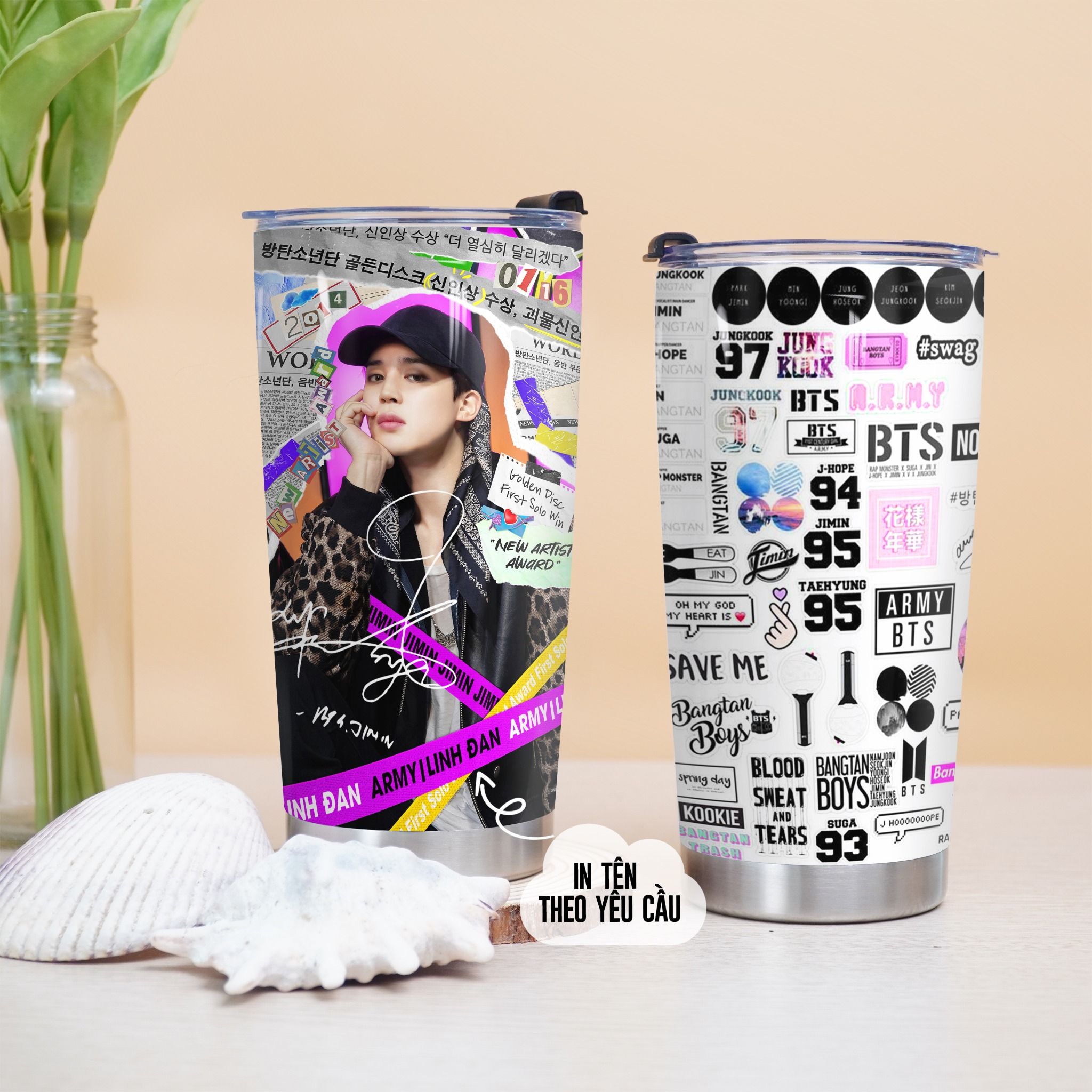 BTS giấy báo Go Drink Người nổi tiếng/Idol Cốc Giữ Nhiệt 600ml In tên, hình ảnh theo yêu cầu