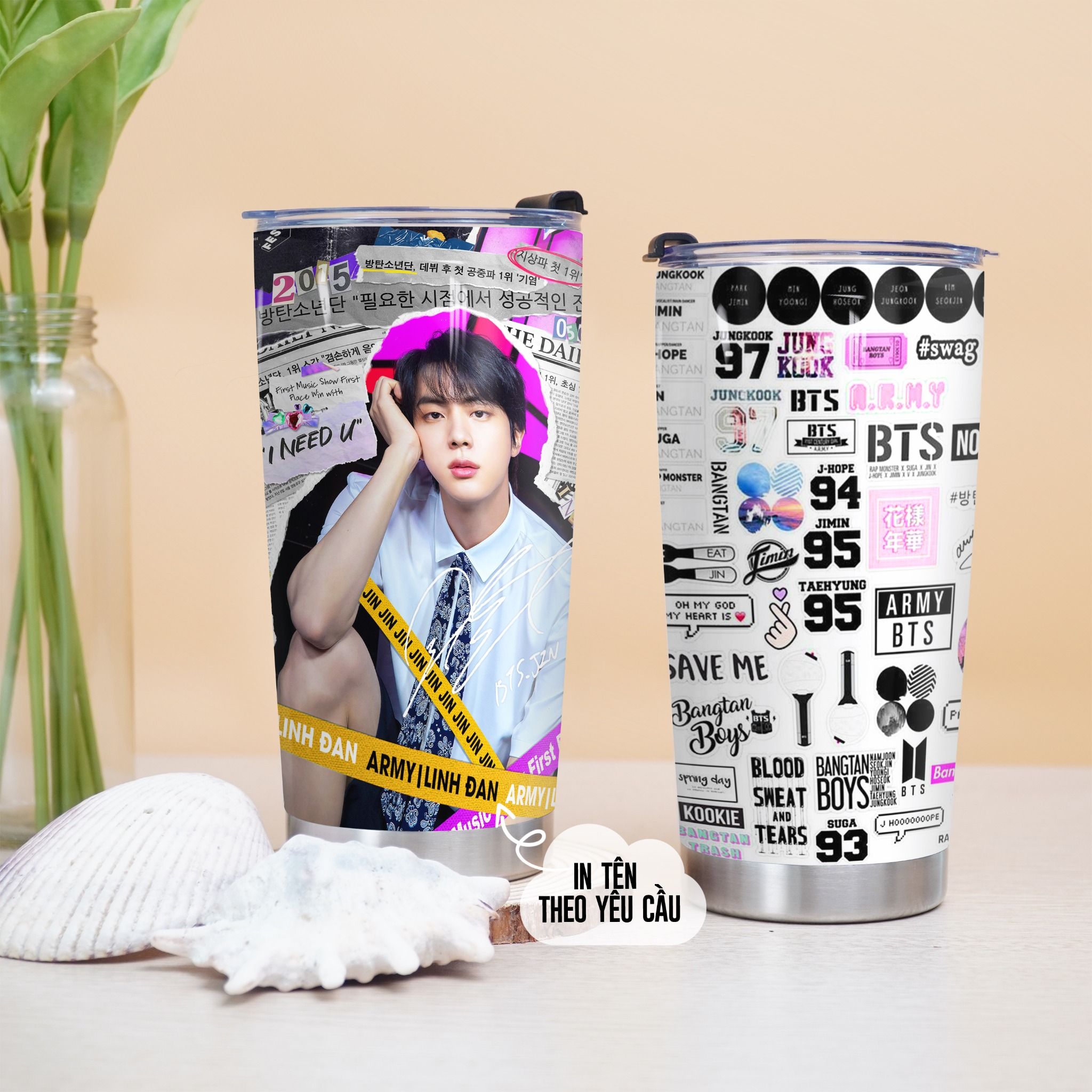 BTS giấy báo Go Drink Người nổi tiếng/Idol Cốc Giữ Nhiệt 600ml In tên, hình ảnh theo yêu cầu