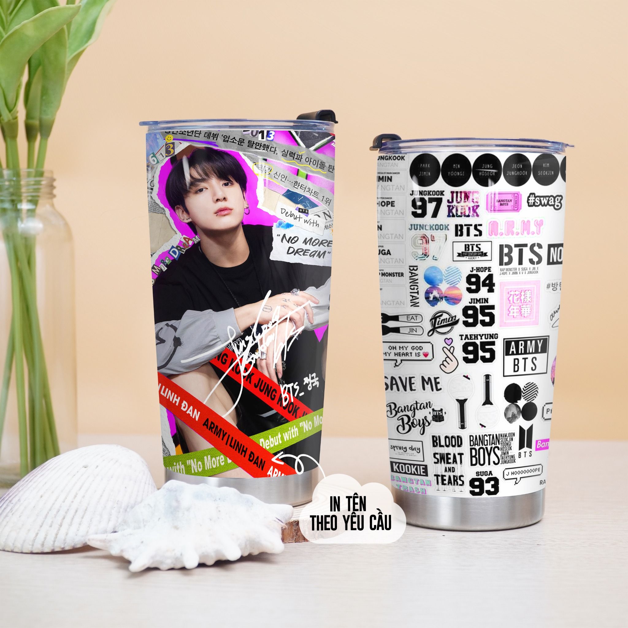 BTS giấy báo Go Drink Người nổi tiếng/Idol Cốc Giữ Nhiệt 600ml In tên, hình ảnh theo yêu cầu