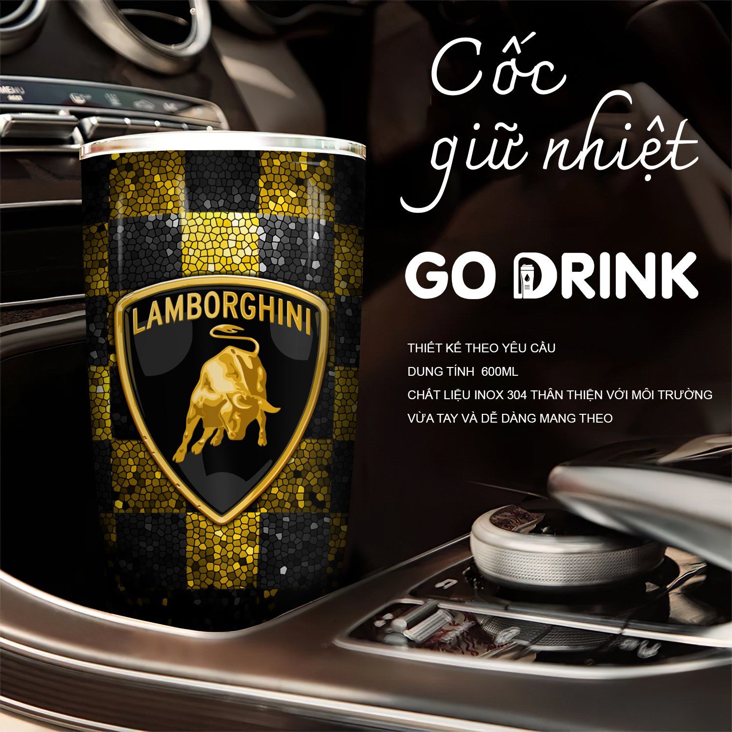 Logo xe oto Lamborghini Go Drink Cốc Giữ Nhiệt 600ml In tên, hình ảnh theo yêu cầu
