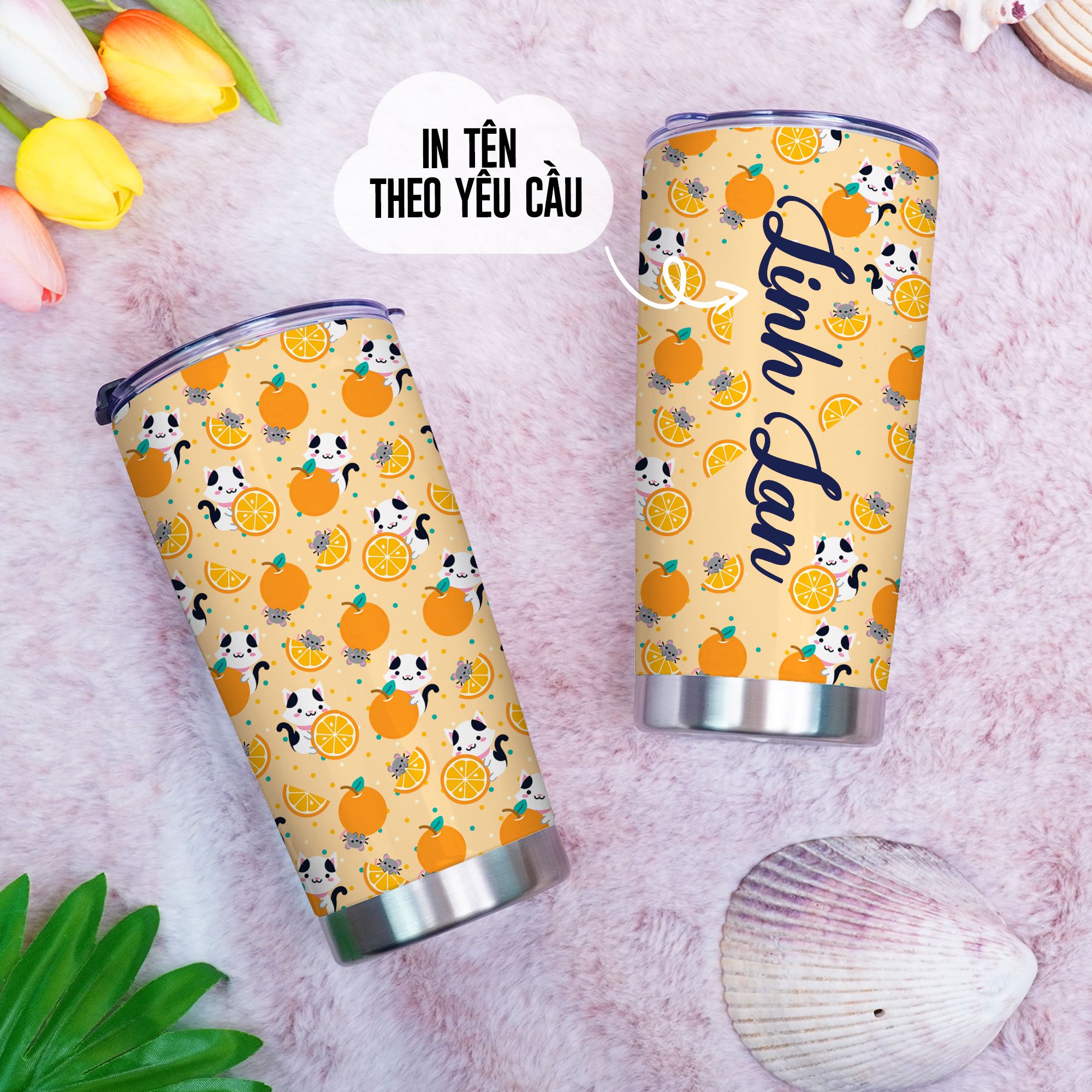 Ly Họa Tiết Mèo Cam Go Drink Cốc Giữ Nhiệt 600ml In tên, hình ảnh theo yêu cầu
