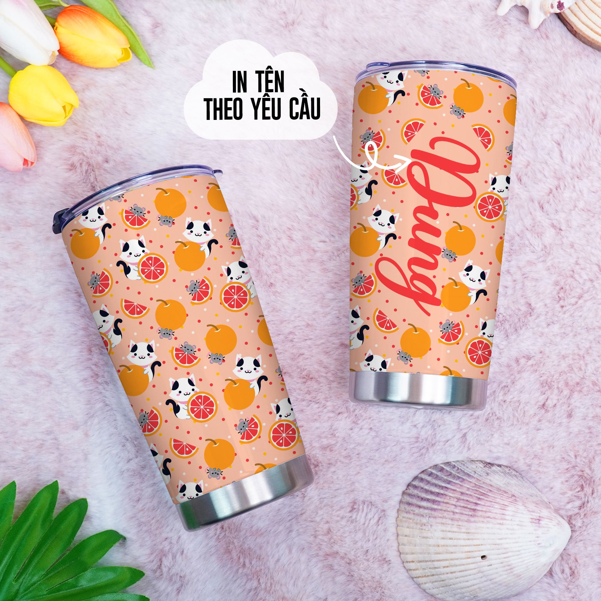 Ly Họa Tiết Mèo và Cam Vẻ 2 Go Drink Cốc Giữ Nhiệt 600ml In tên, hình ảnh theo yêu cầu