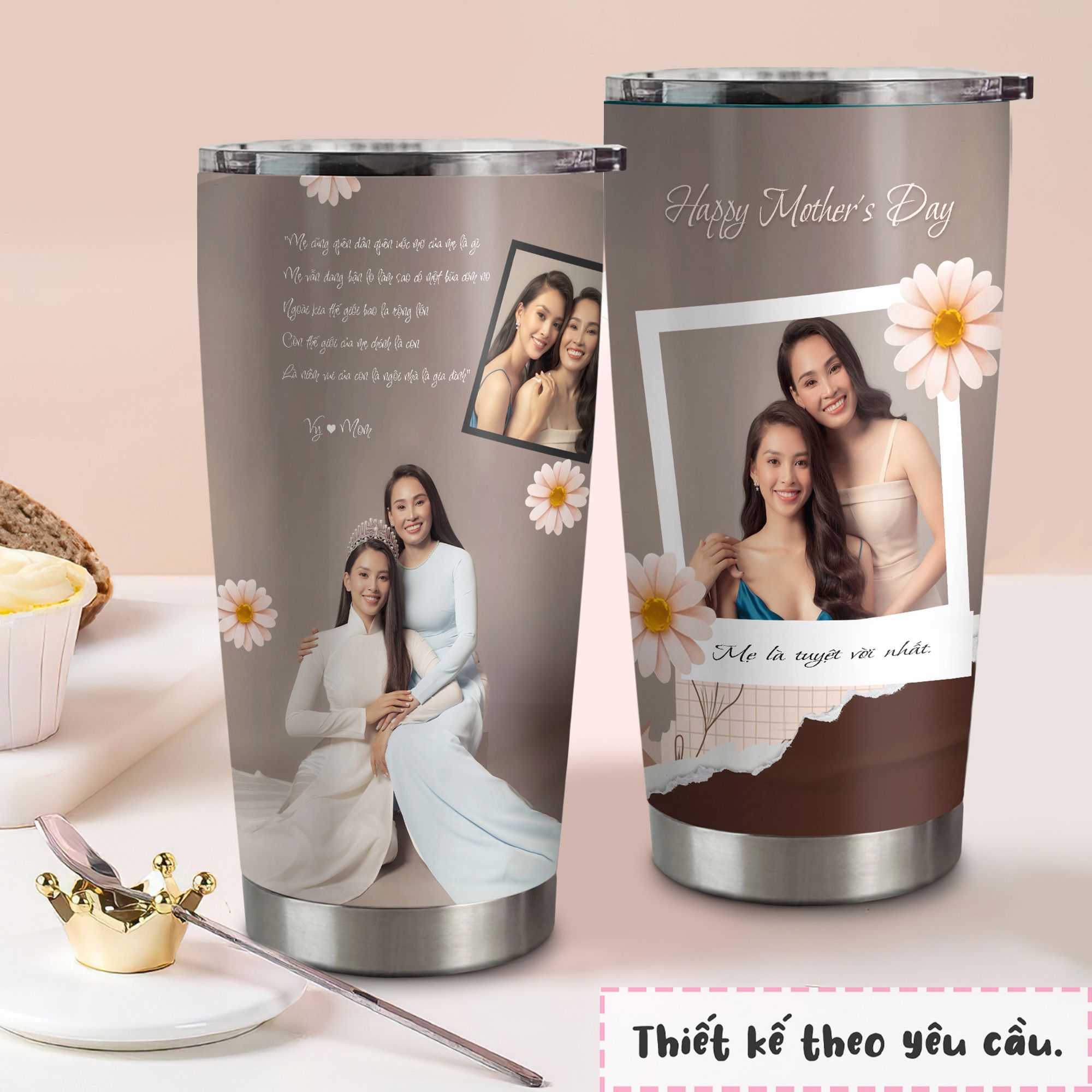 Mẹ và con gái 3 ảnh Go Drink Women's day Cốc Giữ Nhiệt 600ml In tên, hình ảnh theo yêu cầu
