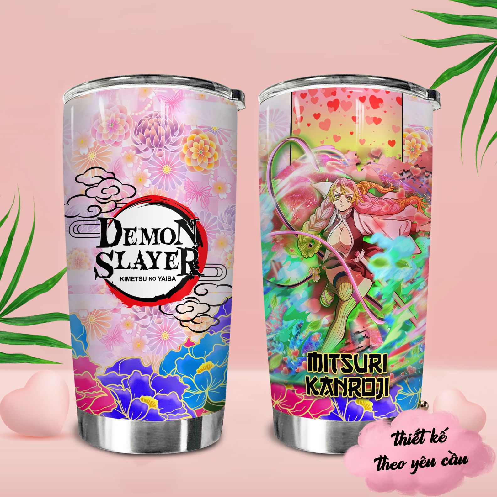 Demon Slayer Flower Pattern Go Drink Anime Cốc giữ nhiệt 600ml In Tên, Hình Ảnh Theo Yêu Cầu