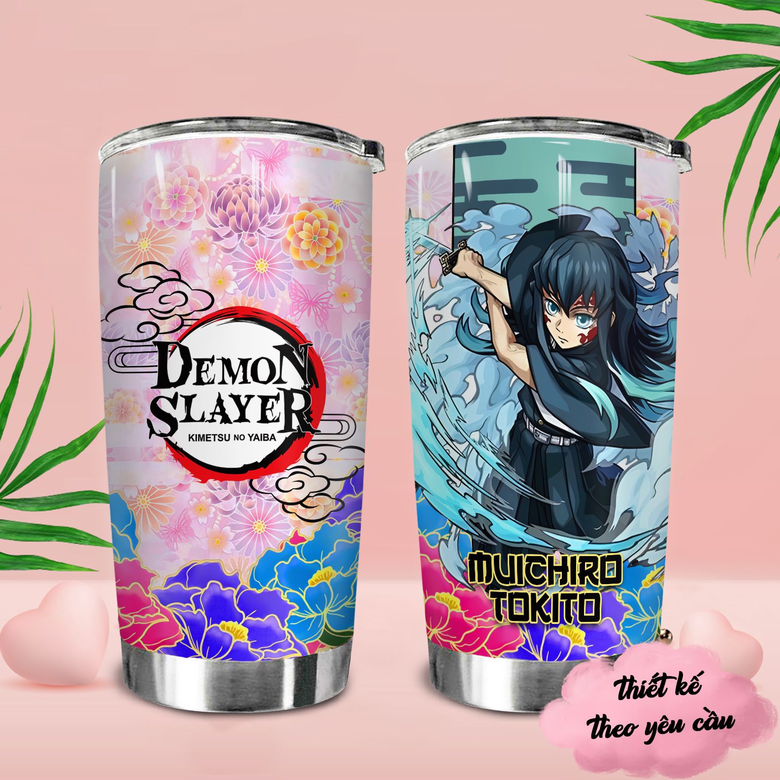 Demon Slayer Flower Pattern Go Drink Anime Cốc giữ nhiệt 600ml In Tên, Hình Ảnh Theo Yêu Cầu
