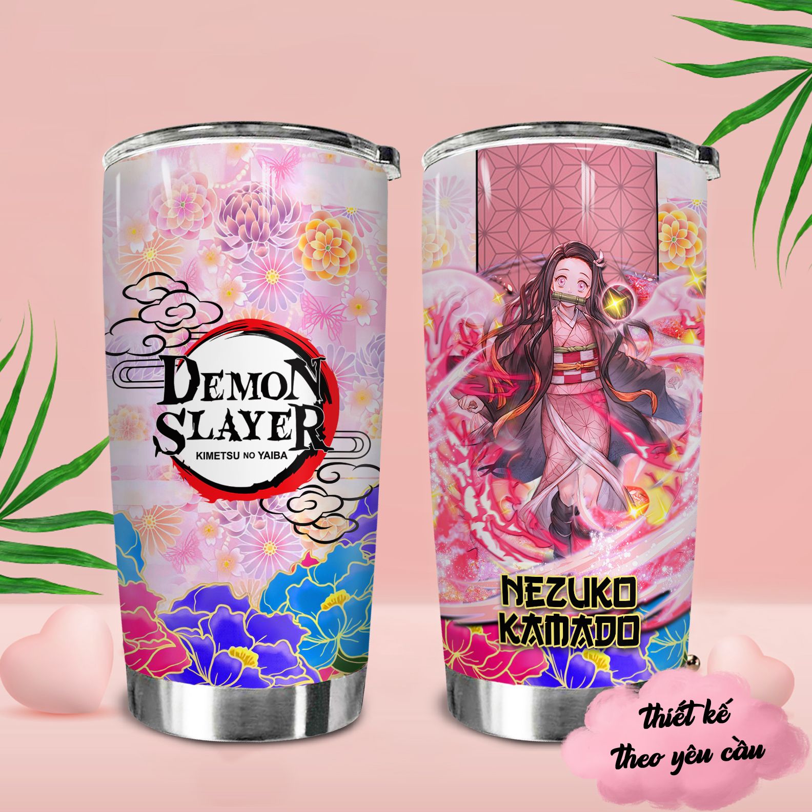 Demon Slayer Flower Pattern Go Drink Anime Cốc giữ nhiệt 600ml In Tên, Hình Ảnh Theo Yêu Cầu