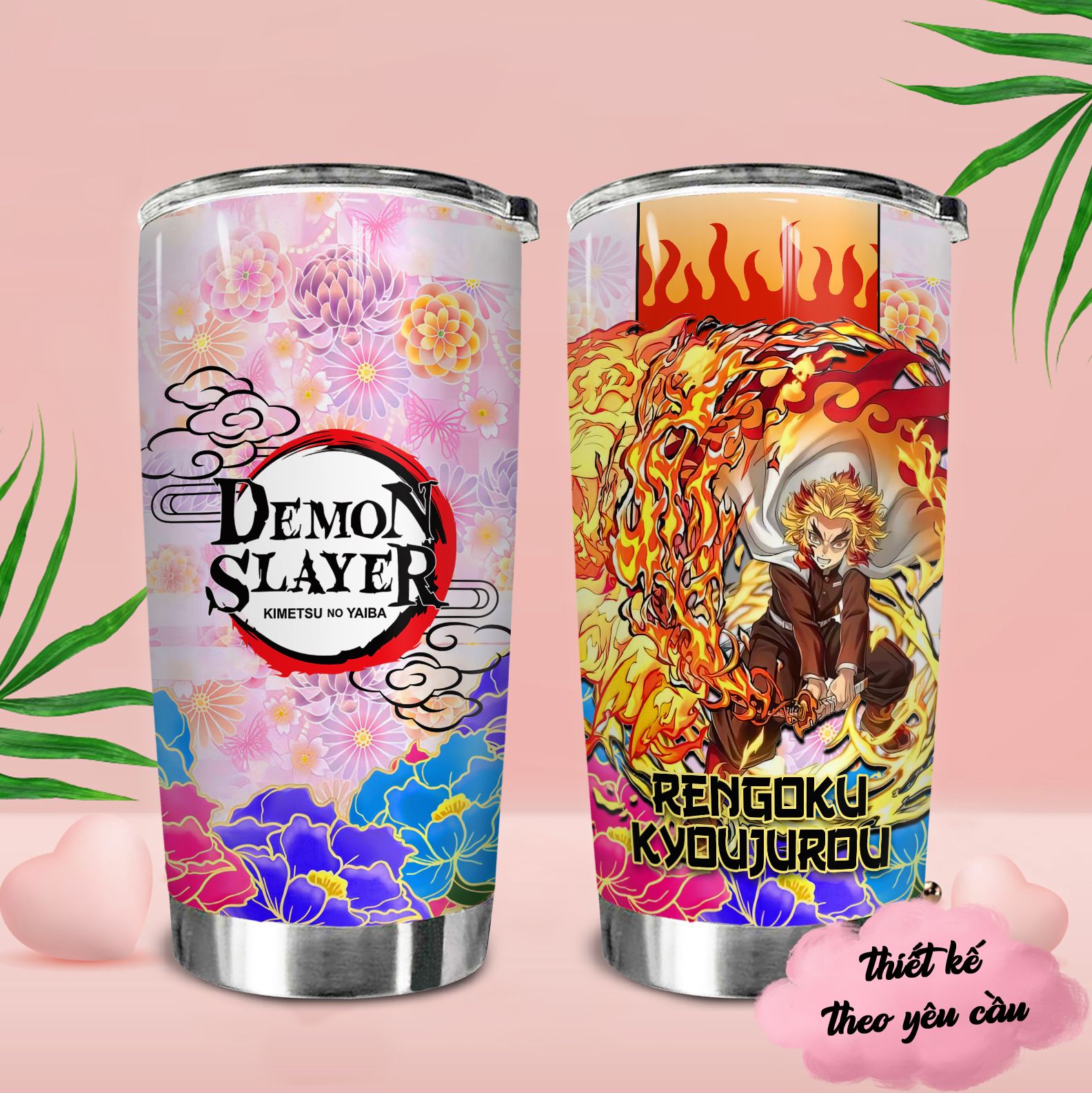Demon Slayer Flower Pattern Go Drink Anime Cốc giữ nhiệt 600ml In Tên, Hình Ảnh Theo Yêu Cầu