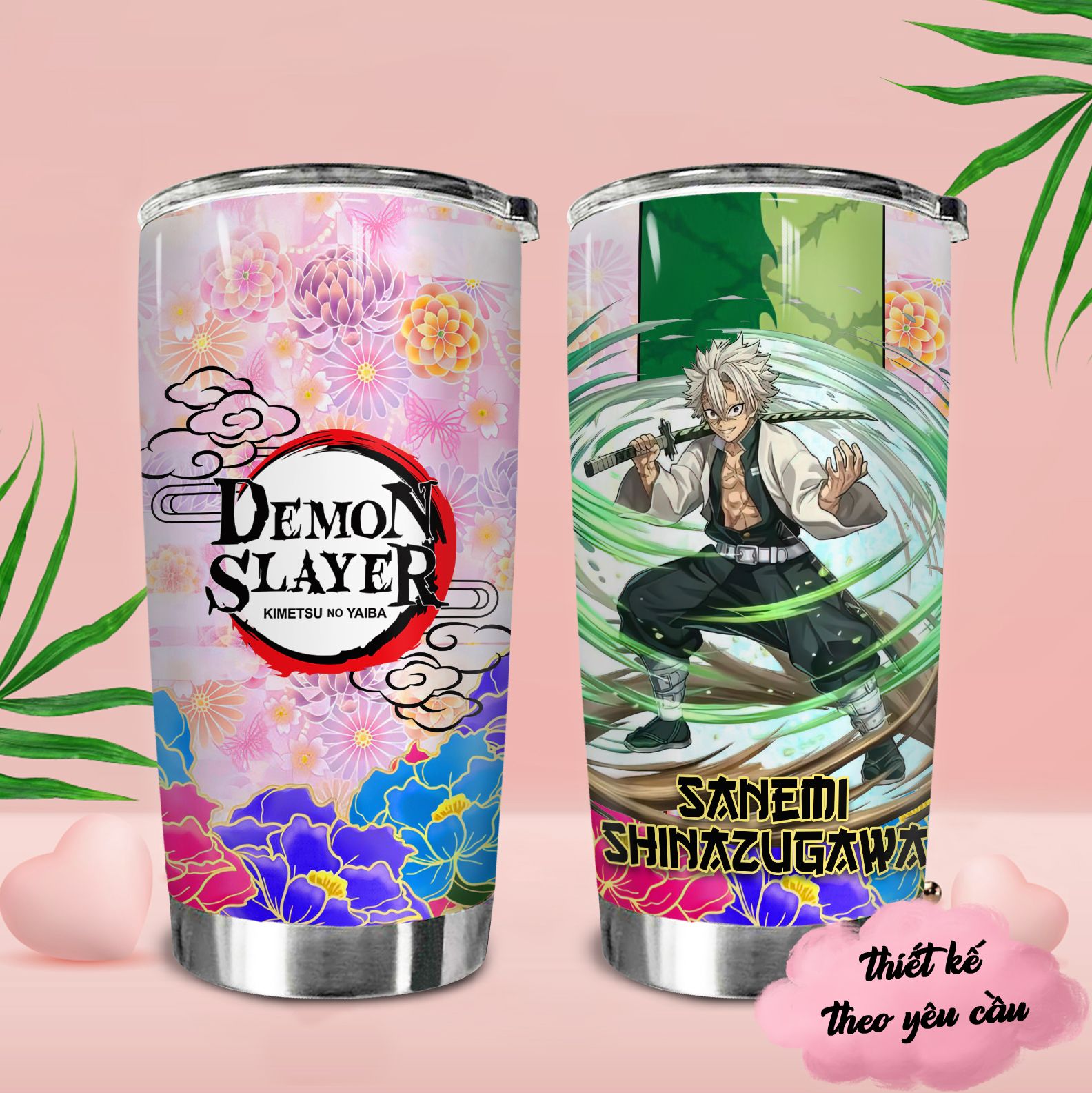 Demon Slayer Flower Pattern Go Drink Anime Cốc giữ nhiệt 600ml In Tên, Hình Ảnh Theo Yêu Cầu