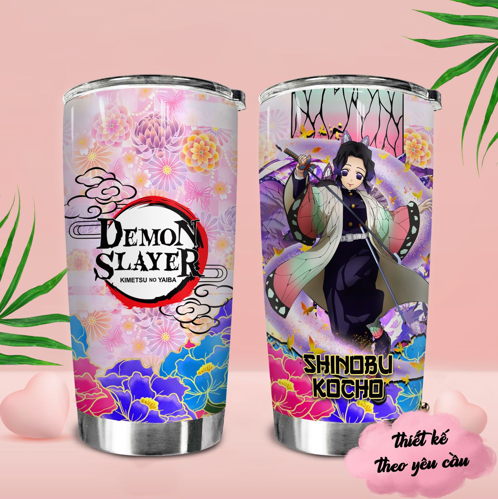Demon Slayer Flower Pattern Go Drink Anime Cốc giữ nhiệt 600ml In Tên, Hình Ảnh Theo Yêu Cầu