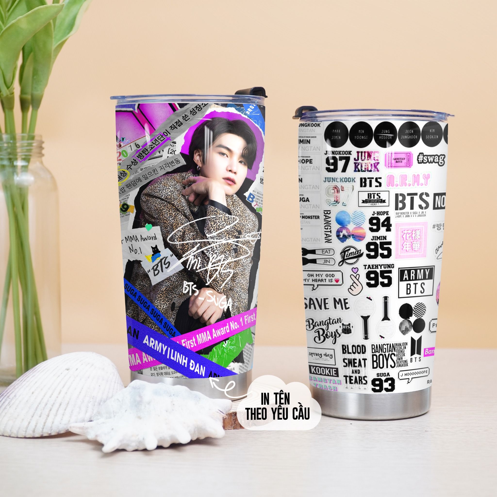 BTS giấy báo Go Drink Người nổi tiếng/Idol Cốc Giữ Nhiệt 600ml In tên, hình ảnh theo yêu cầu