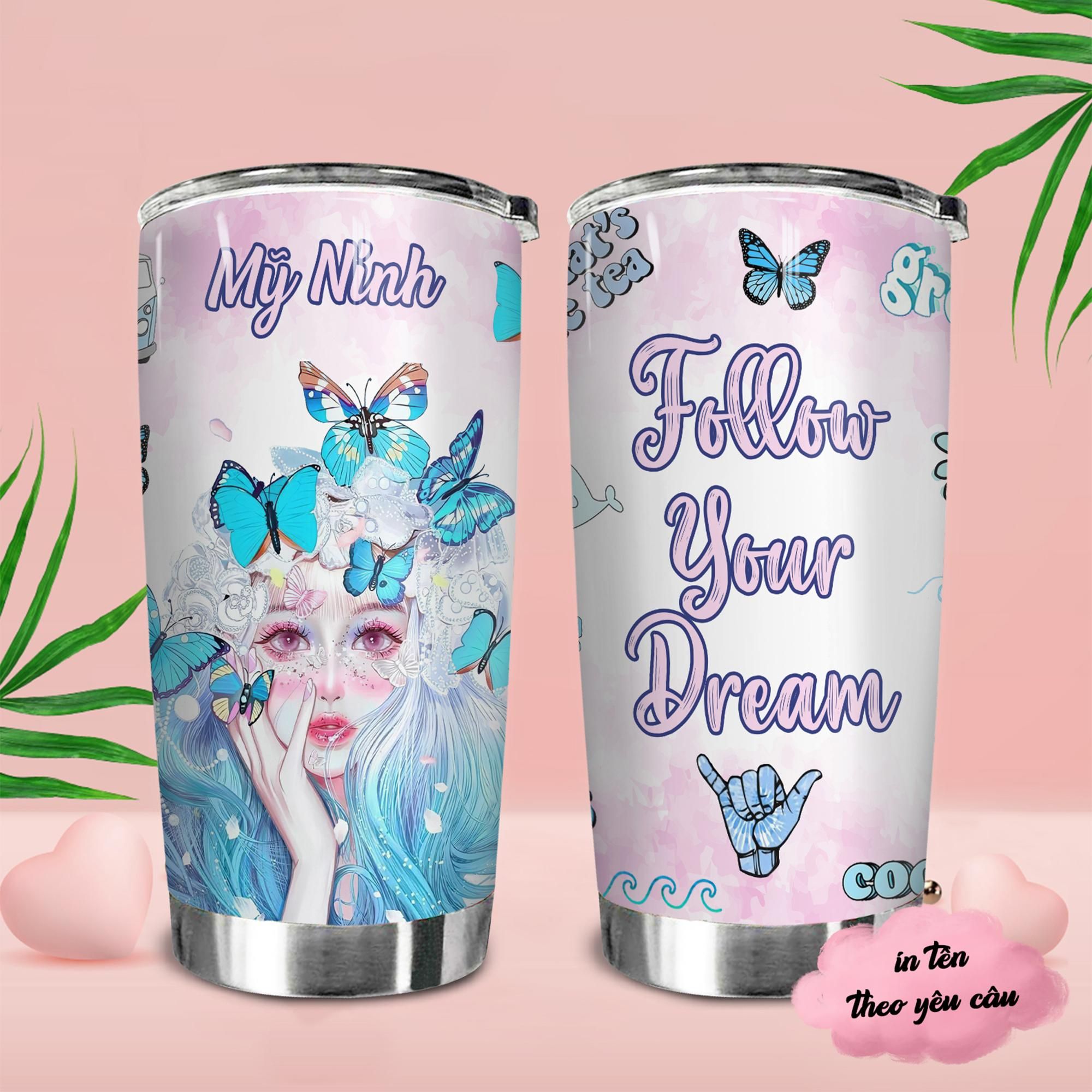 Girl with Butterfly Go Drink Women's day Cốc Giữ Nhiệt 600ml In tên, hình ảnh theo yêu cầu