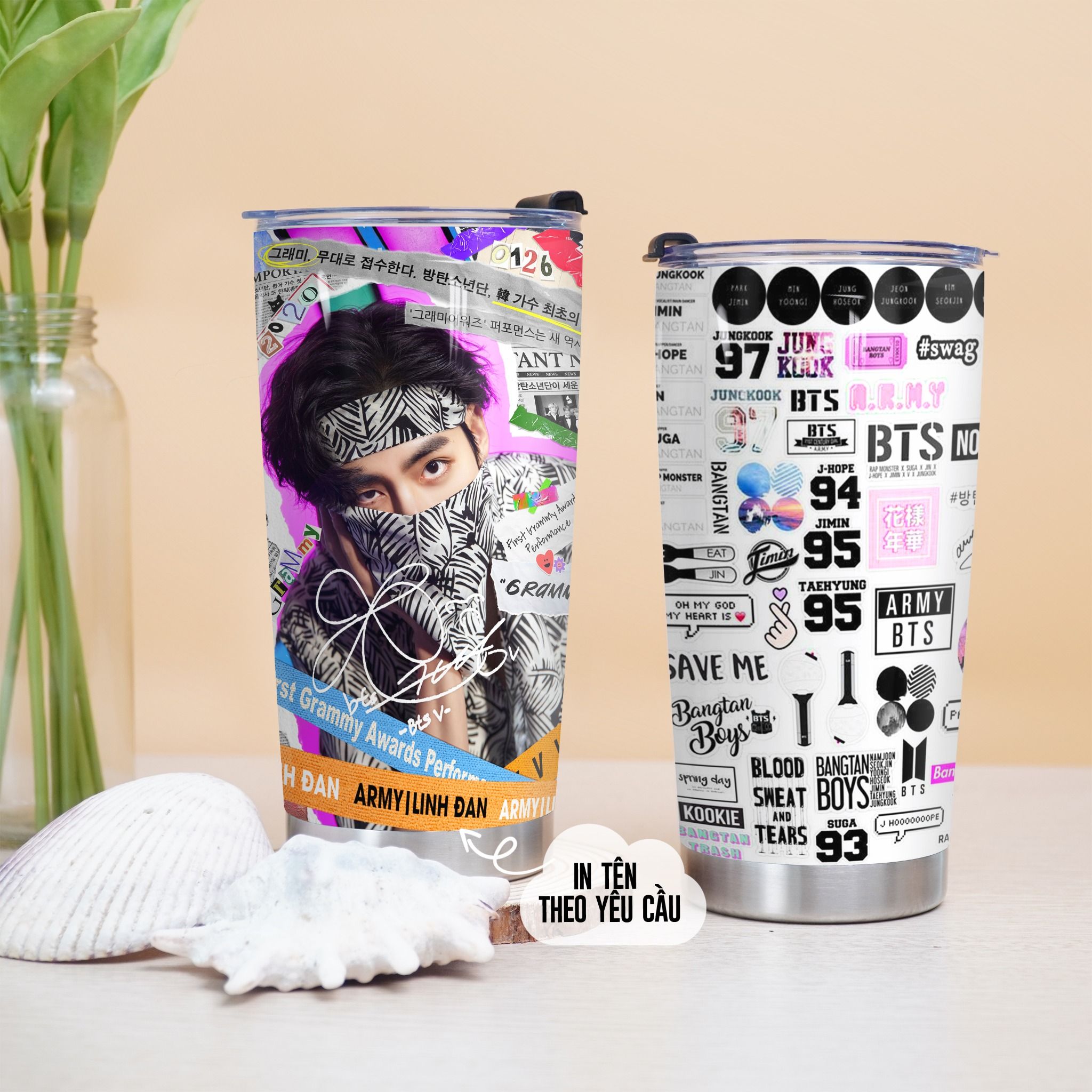 BTS giấy báo Go Drink Người nổi tiếng/Idol Cốc Giữ Nhiệt 600ml In tên, hình ảnh theo yêu cầu