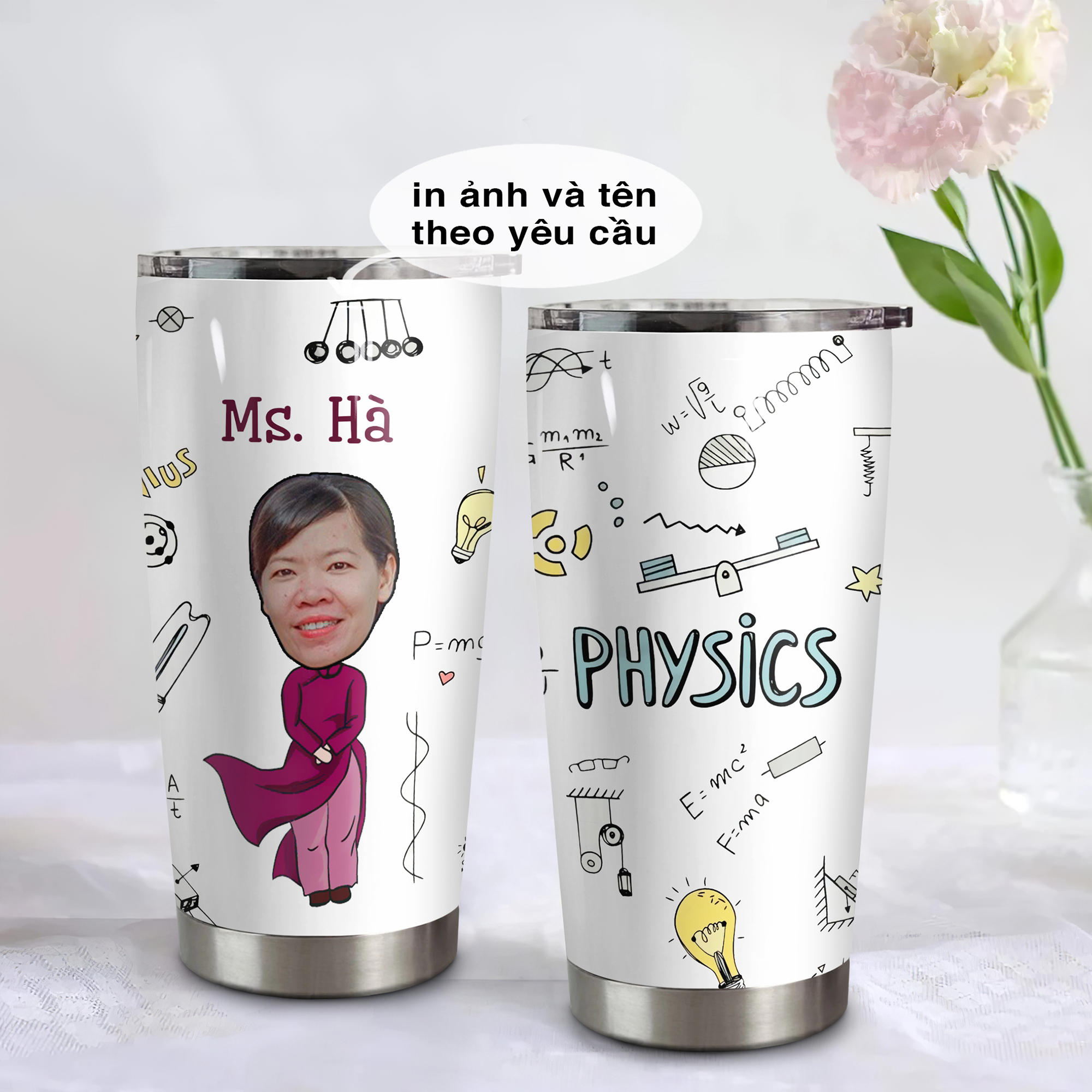 Giáo viên dạy Lý Go Drink In tên/ Ghép ảnh Cốc giữ nhiệt 600ml In tên, hình ảnh theo yêu cầu