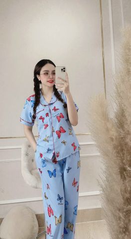 Đồ Bộ Mặc Nhà NhiStore Pyjama Dài Thời Trang Nữ Giá Rẻ Áo Cài Nút Tay Ngắn Sale Quần Dài Lưng Thun Co Dãn Dễ Mặc 50kg