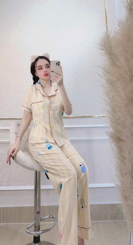 Đồ Bộ Mặc Nhà NhiStore Pyjama Dài Thời Trang Nữ Giá Rẻ Áo Cài Nút Tay Ngắn Sale Quần Dài Lưng Thun Co Dãn Dễ Mặc 50kg